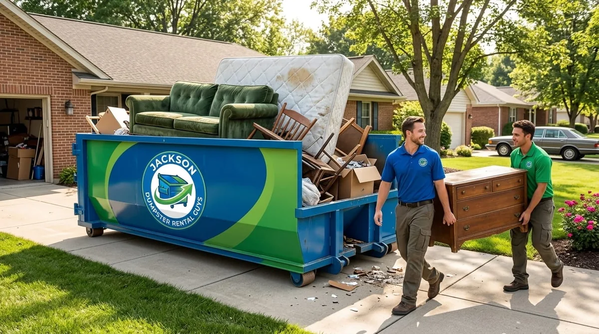 Jackson Dumpster Rental Guys roll-off truck delivering a dumpster