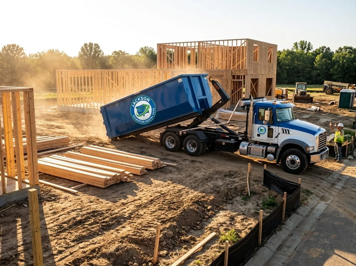 Roll-off dumpster set down quickly on an Jackson property